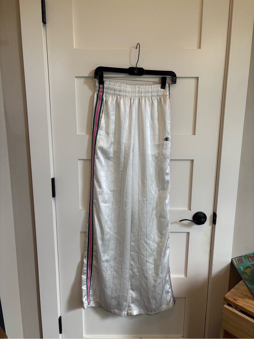 Champion White Satin Maxi Track Skirt with Pink & Green Side Stripes
